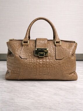 Jimmy Choo Taupe Croc-Embossed Satchel with Gold Hardware